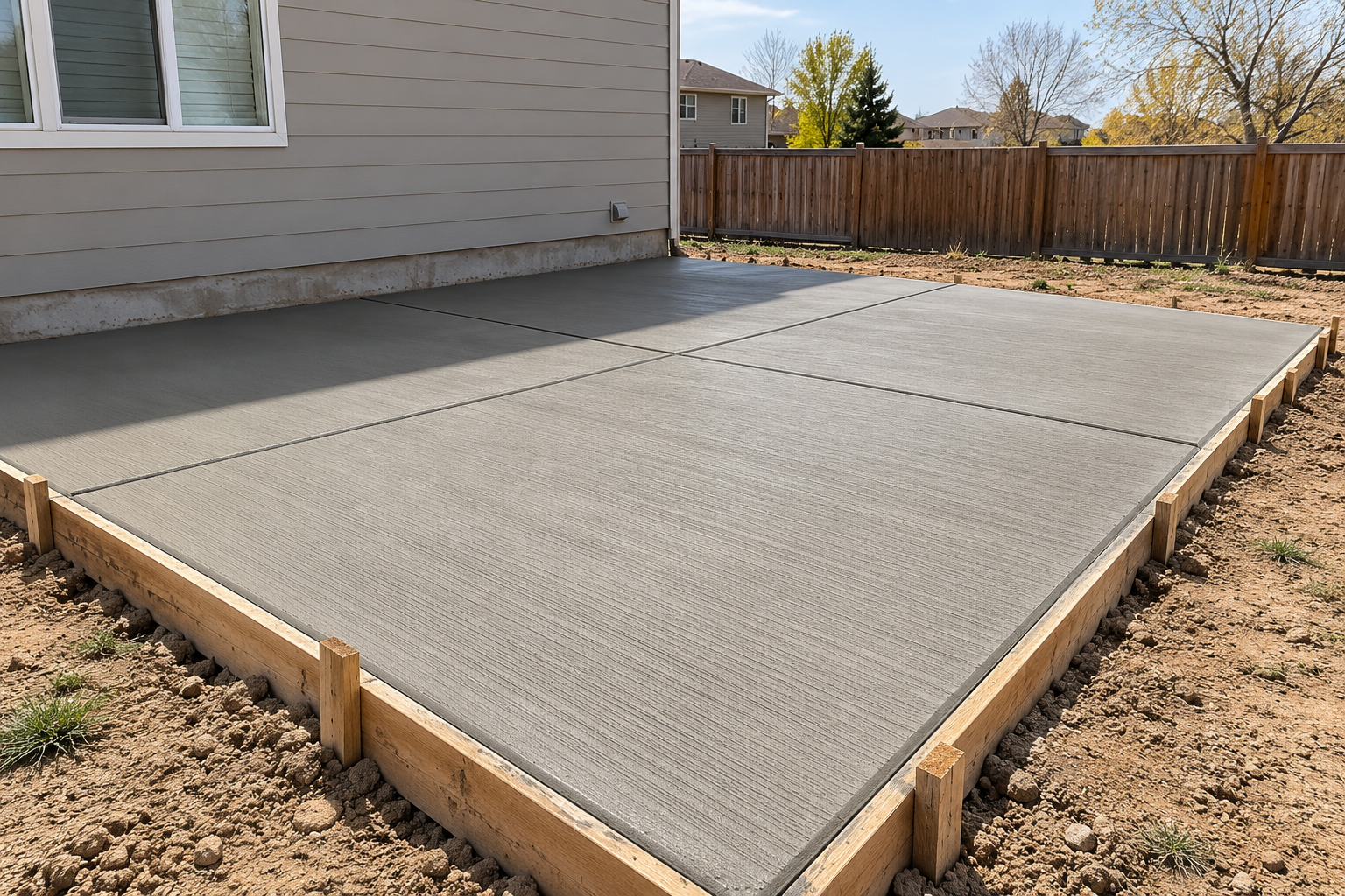 Freshly poured broom-finish concrete slab with formed edges on a residential site in Brighton CO