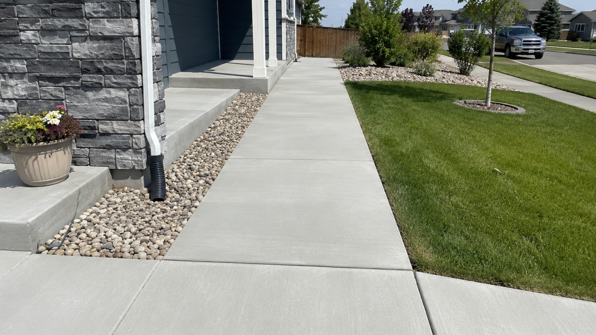 Newly poured broom-finish concrete walkway leading to a home entrance in Brighton CO