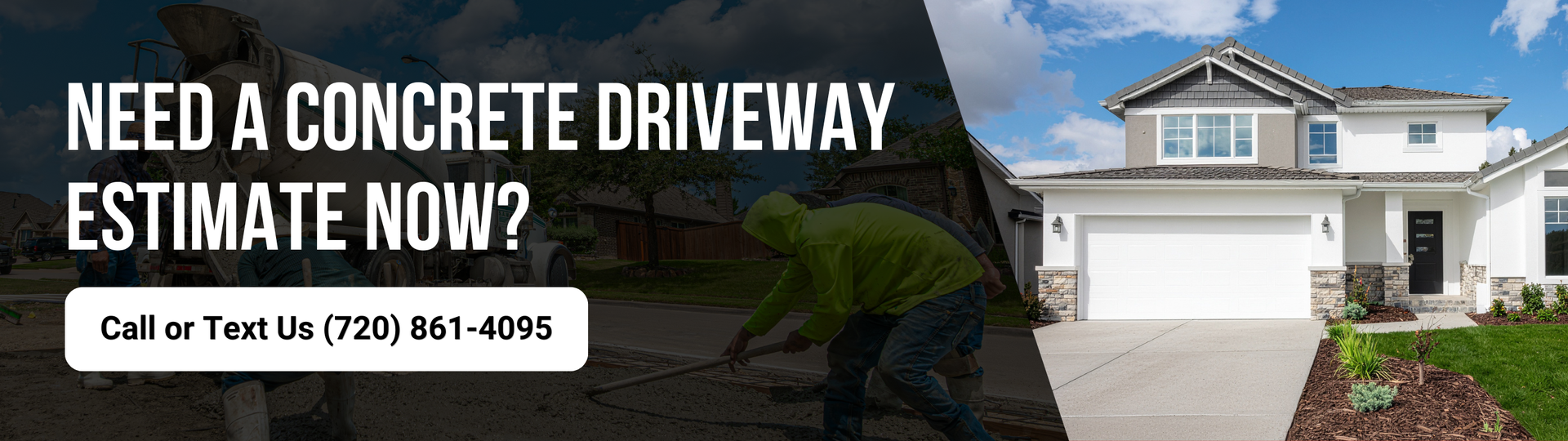 Concrete driveway installation crew with residential driveway background and free estimate call-to-action banner.