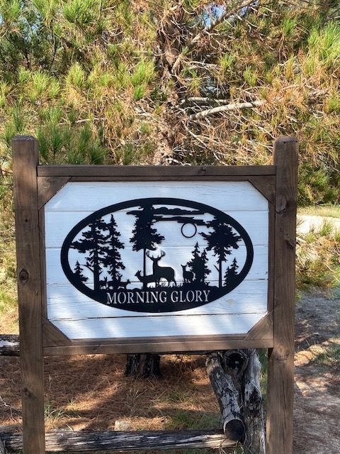 Wooden sign with oval forest silhouette and the words “Morning Glory” in front of trees.