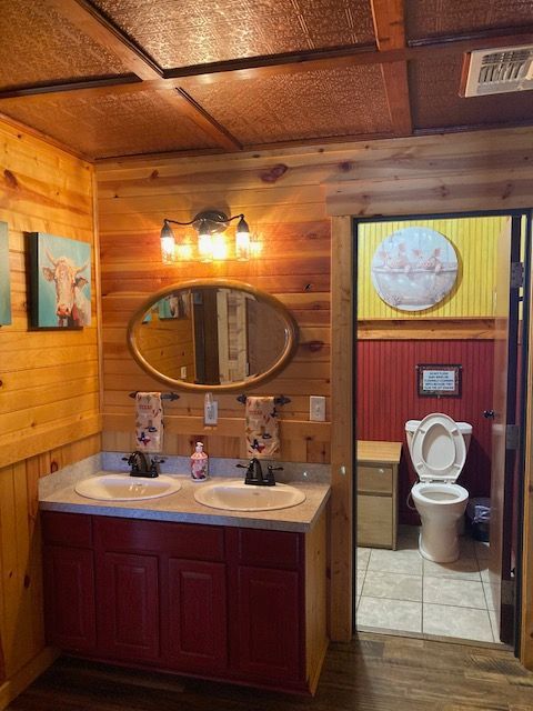 Rustic wood-paneled bathroom with vanity, mirror lights, and separate toilet room