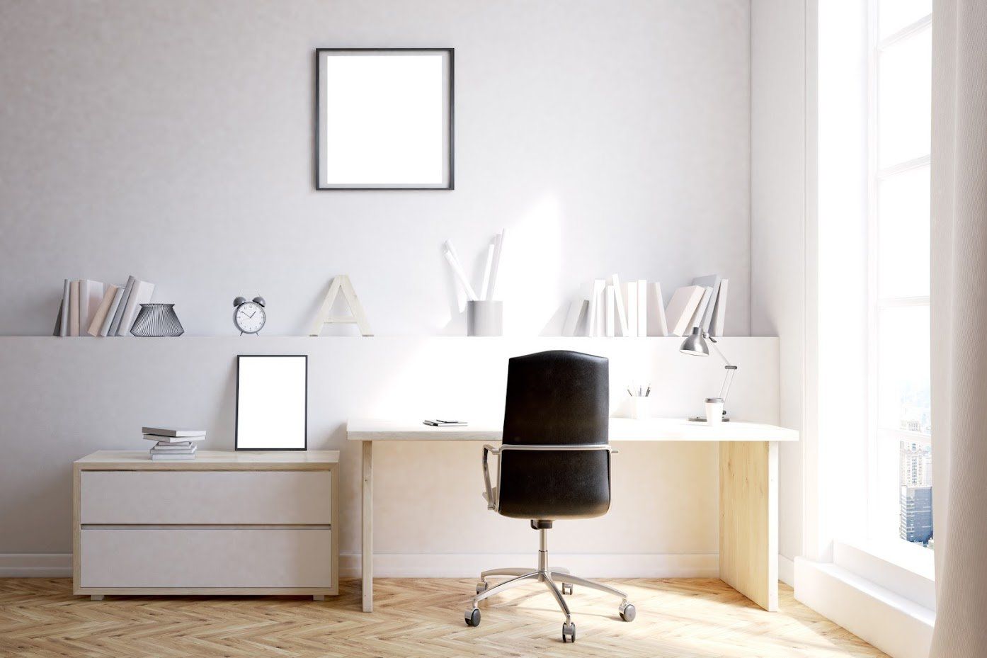 Bright, modern home office with desk, chair, shelves, two blank picture frames, and large window.