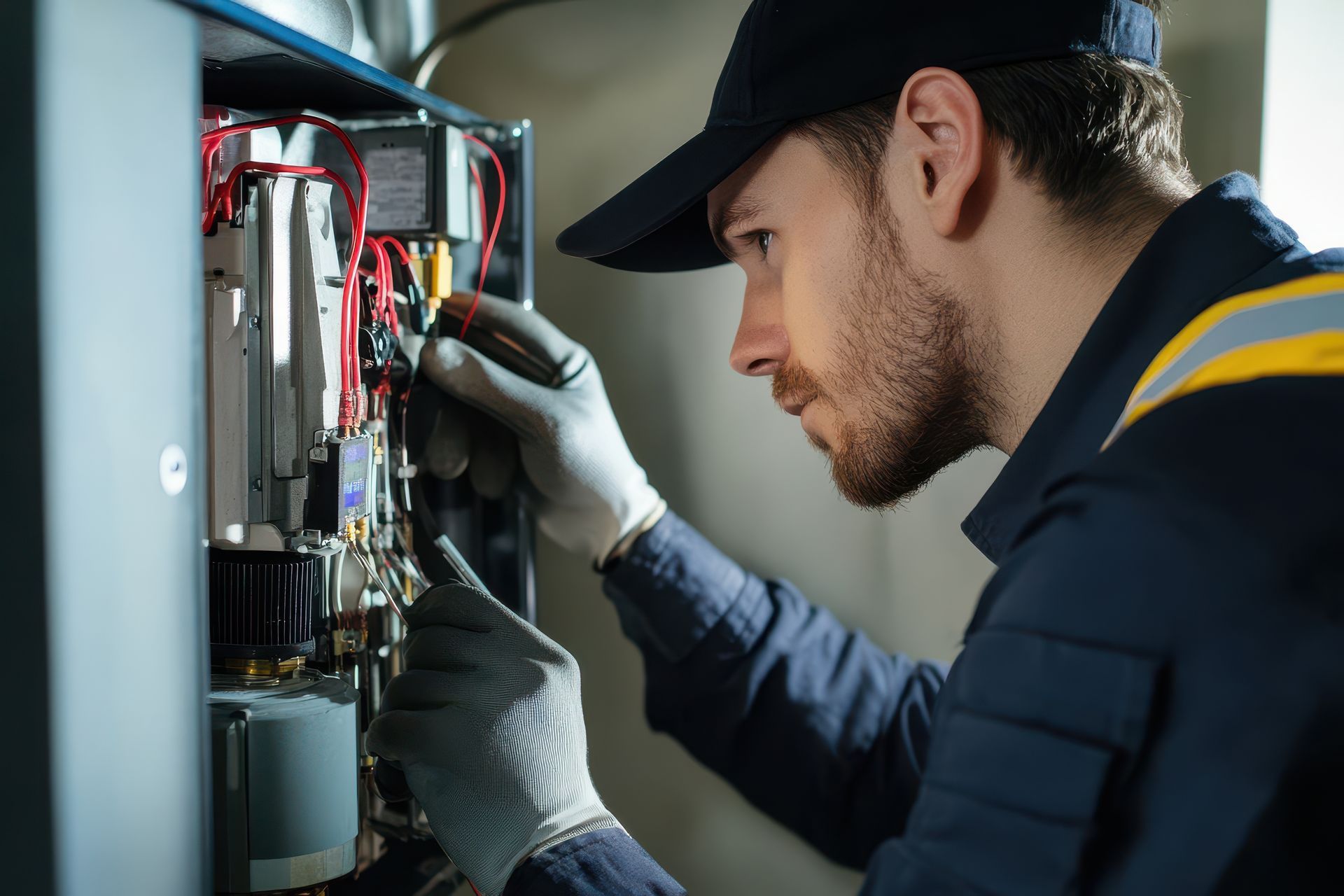 A technician wearing gloves services a furnace, demonstrating expertise in furnace repair.