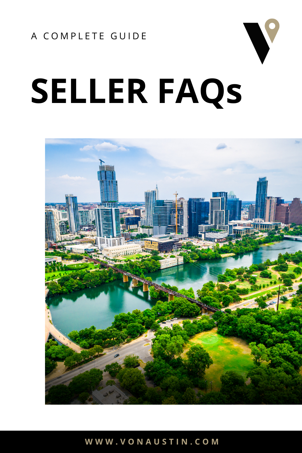 Seller FAQs guide cover with Austin skyline, green park, and lake under a blue sky
