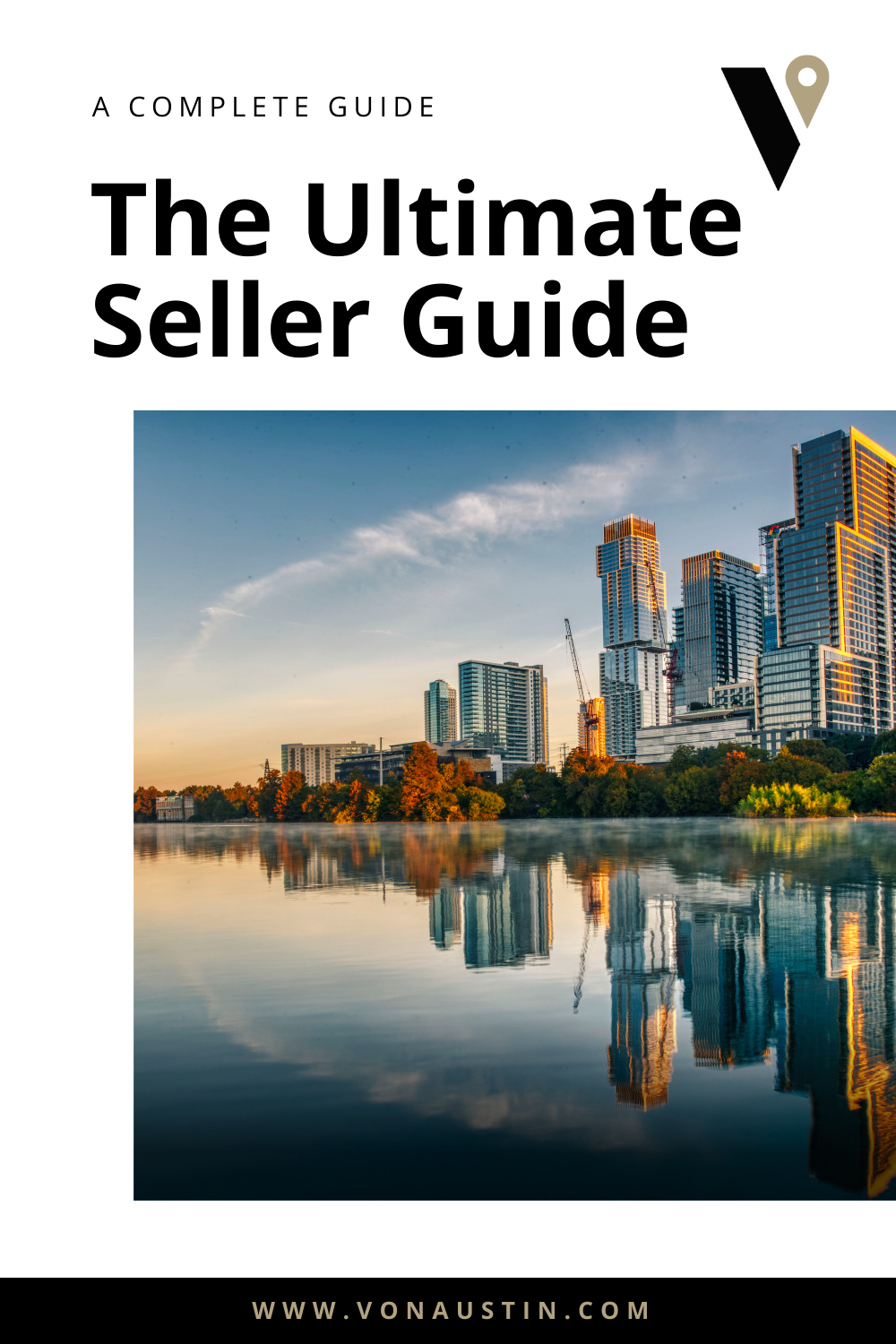Book cover titled “The Ultimate Seller Guide” with a city skyline reflected in calm water at sunset
