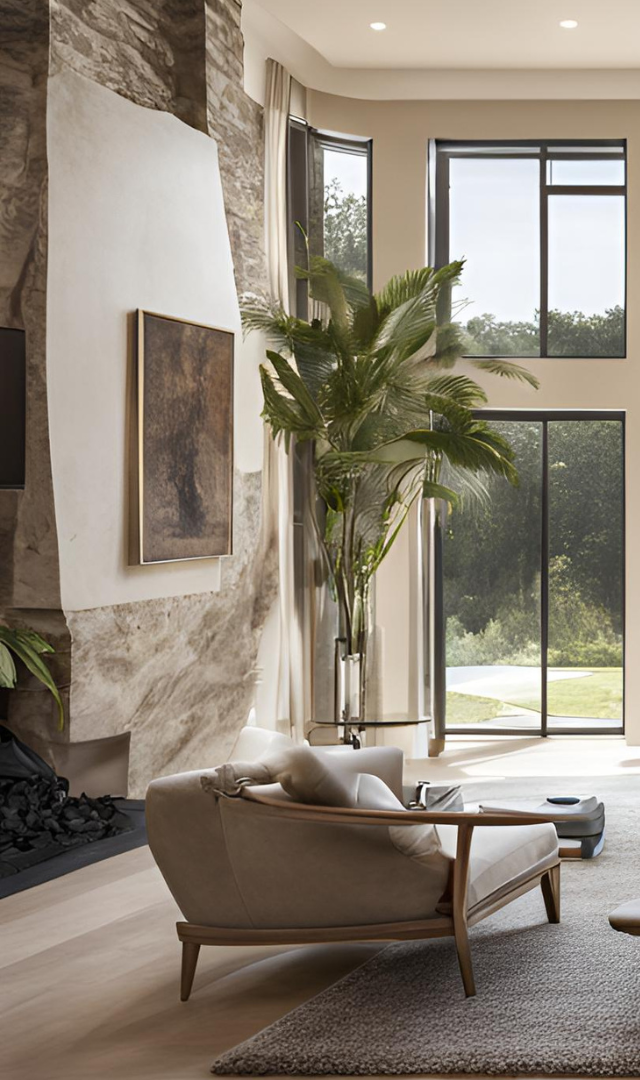 Modern living room with stone fireplace, brown chaise lounge, tall plant, and floor-to-ceiling windows