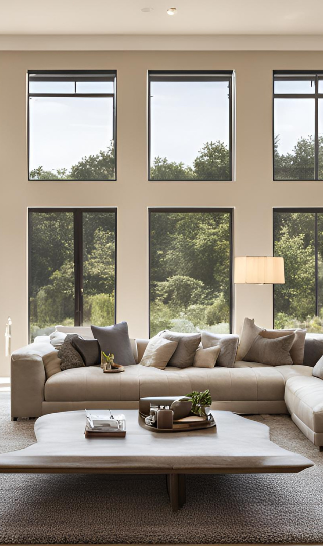 Bright modern living room with large windows, beige sectional sofa, and a low coffee table.
