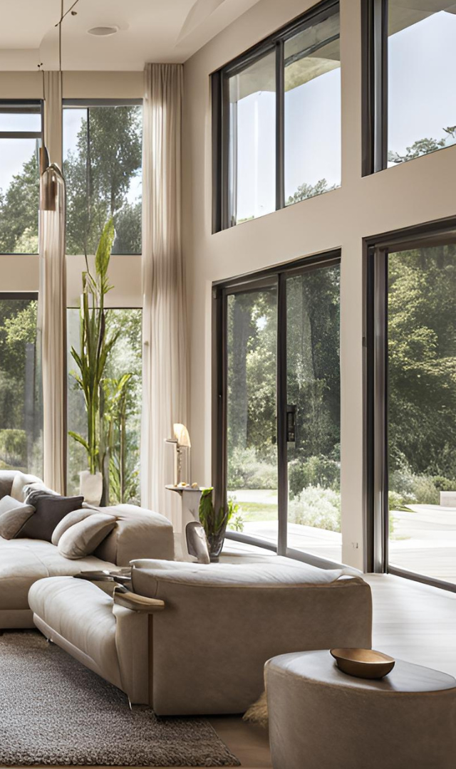 Bright modern living room with beige sofa, large windows, and natural light overlooking a patio.