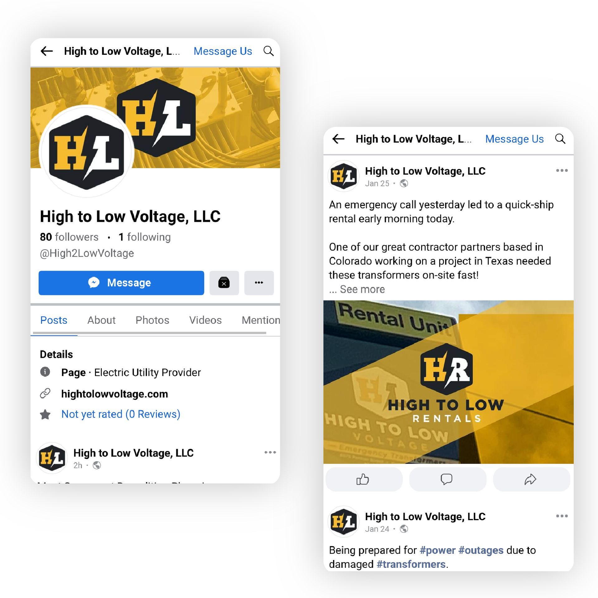 Two screenshots of High To Low voltage's Facebook page including posts Trailmark Creative has helped secure graphics and copy for, along with scheduling out for the month