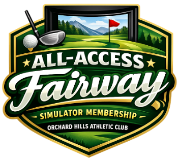 All-access Fairway simulator membership logo with golf clubs, course scene, and Orchard Hills Athletic Club text