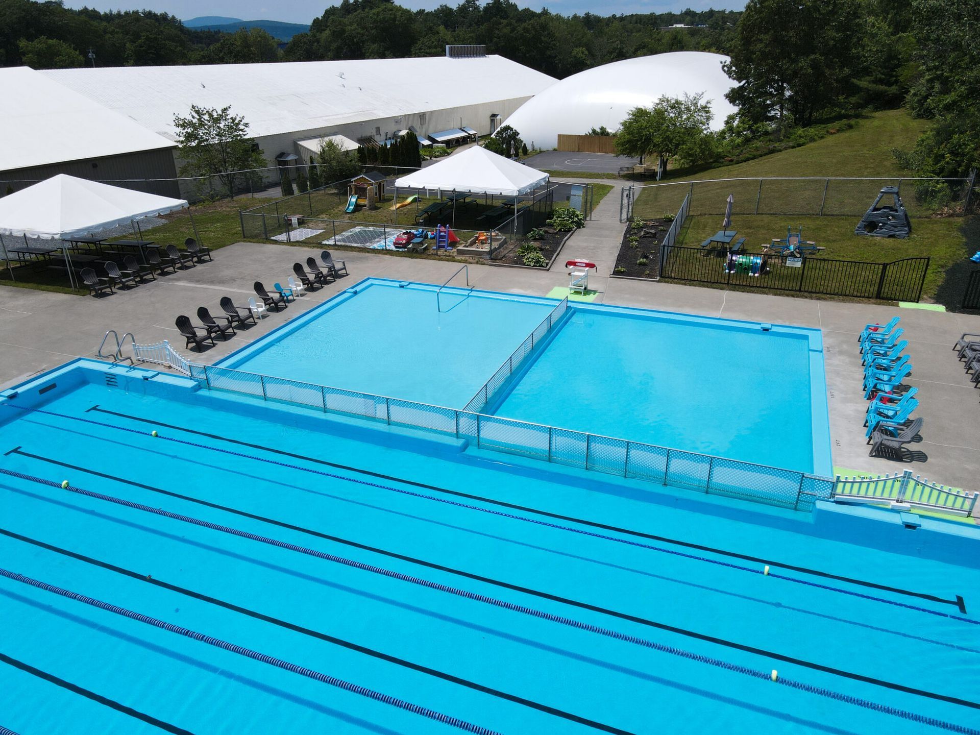 An aerial view of a large swimming pool