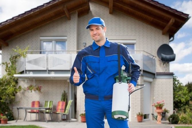 Smiling gardener in blue workwear holding a sprayer and giving thumbs up in front of a house