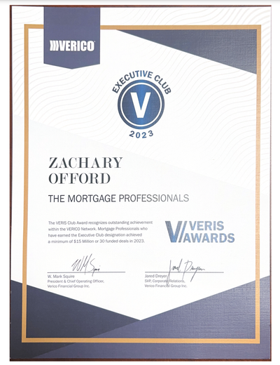 A certificate that says zachary offord the mortgage professionals on it.