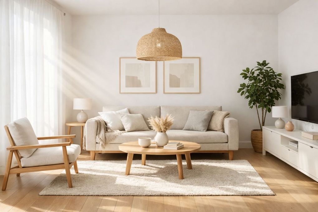 Bright living room with beige sofa, wooden coffee table, armchair, rug, plant, and TV console Bright living room with beige sofa, wooden coffee table, armchair, rug, plant, and TV console