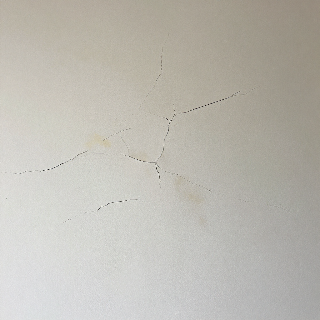 Cracked off-white wall with faint yellow stains and spiderweb-like hairline cracks