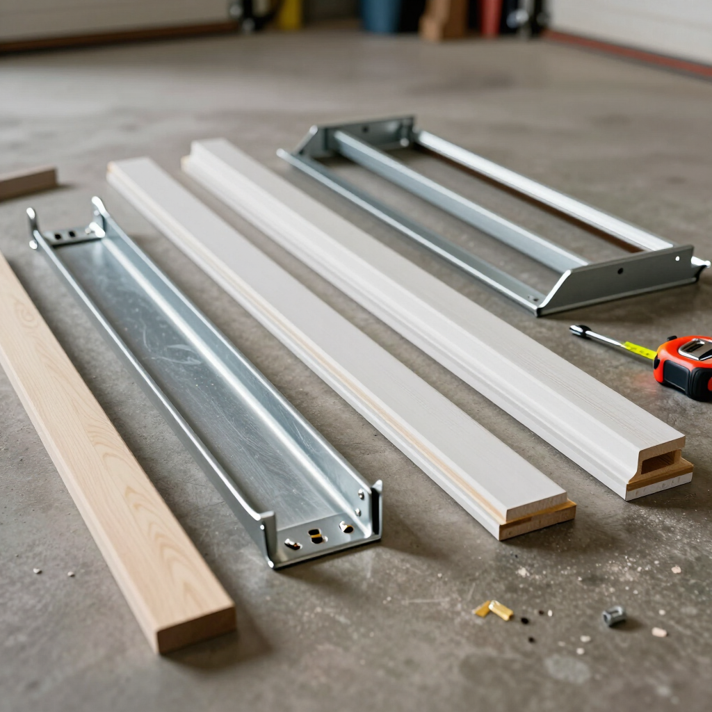 Wooden boards and metal drawer slides arranged on a workshop floor beside a tape measure.
