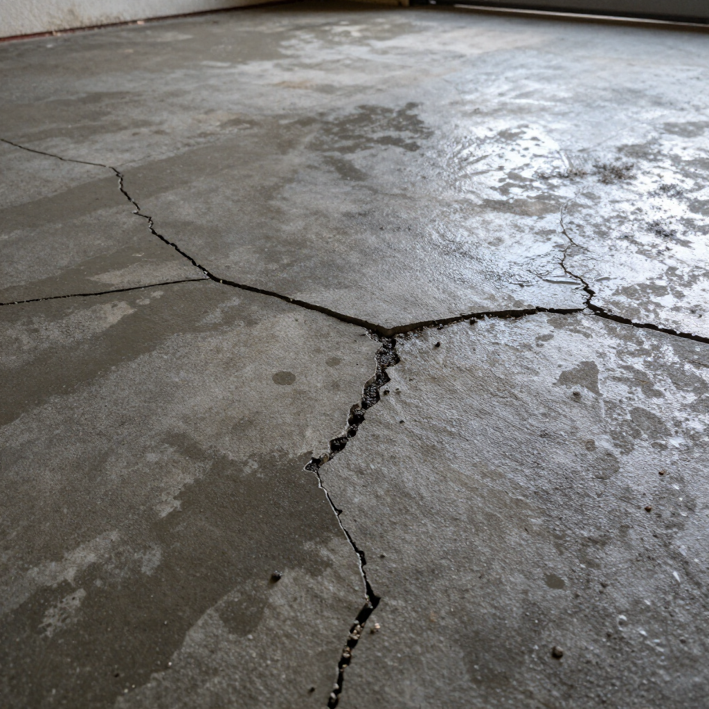 Cracked wet concrete floor with dark fissures and puddles reflecting light