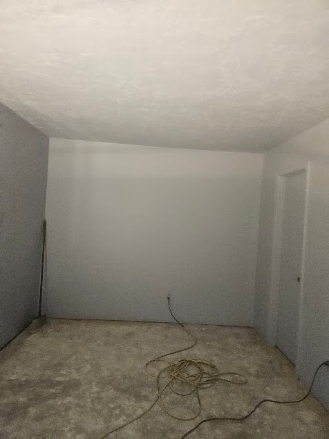 Empty unfinished room with gray walls, carpet, and a loose cable on the floor