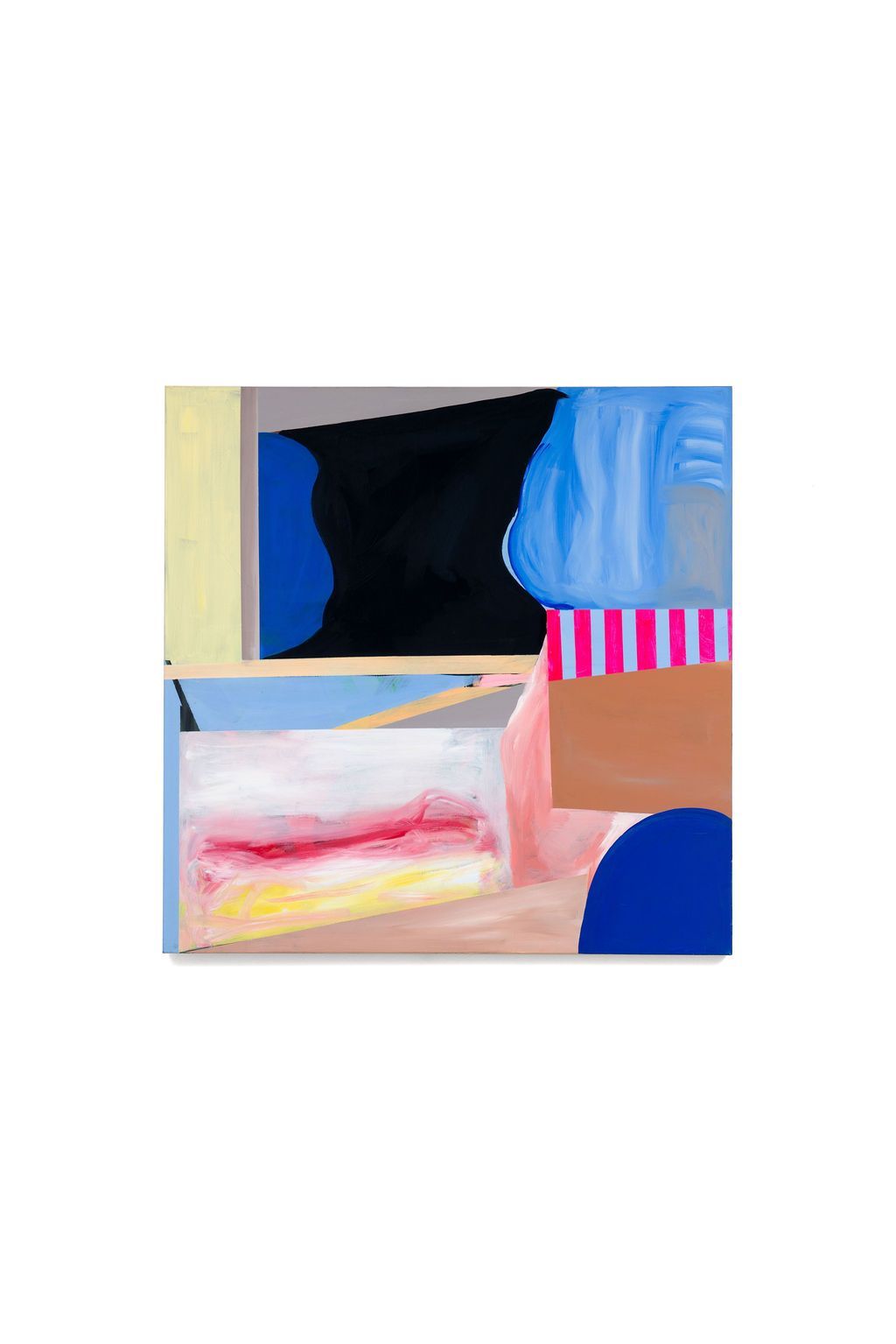 A painting of a collage of different colored objects on a white background.
