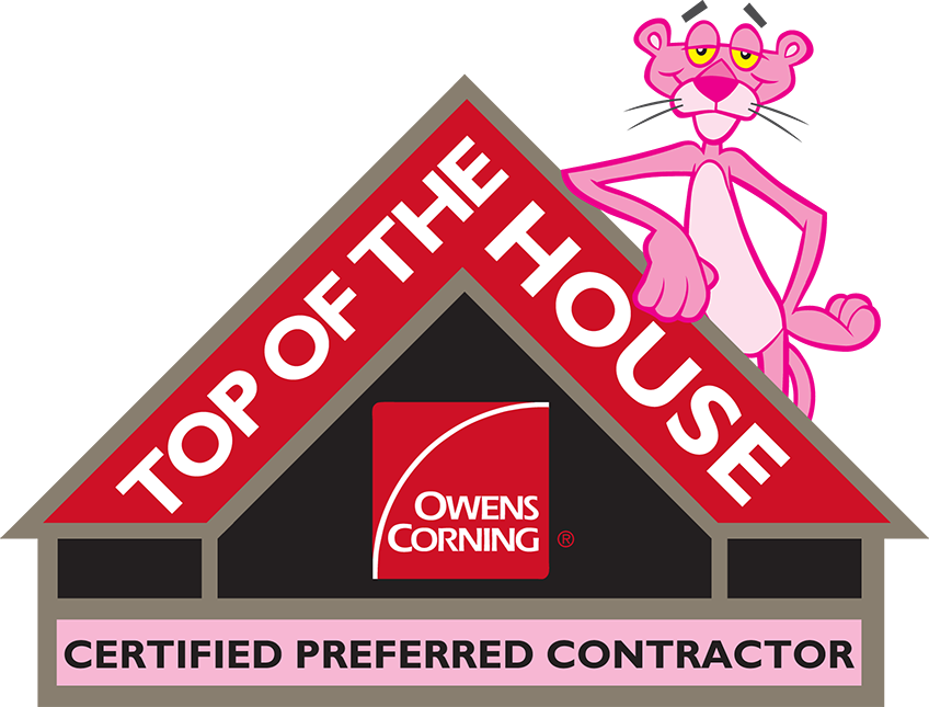 Top of the house certified preferred contractor logo with pink panther