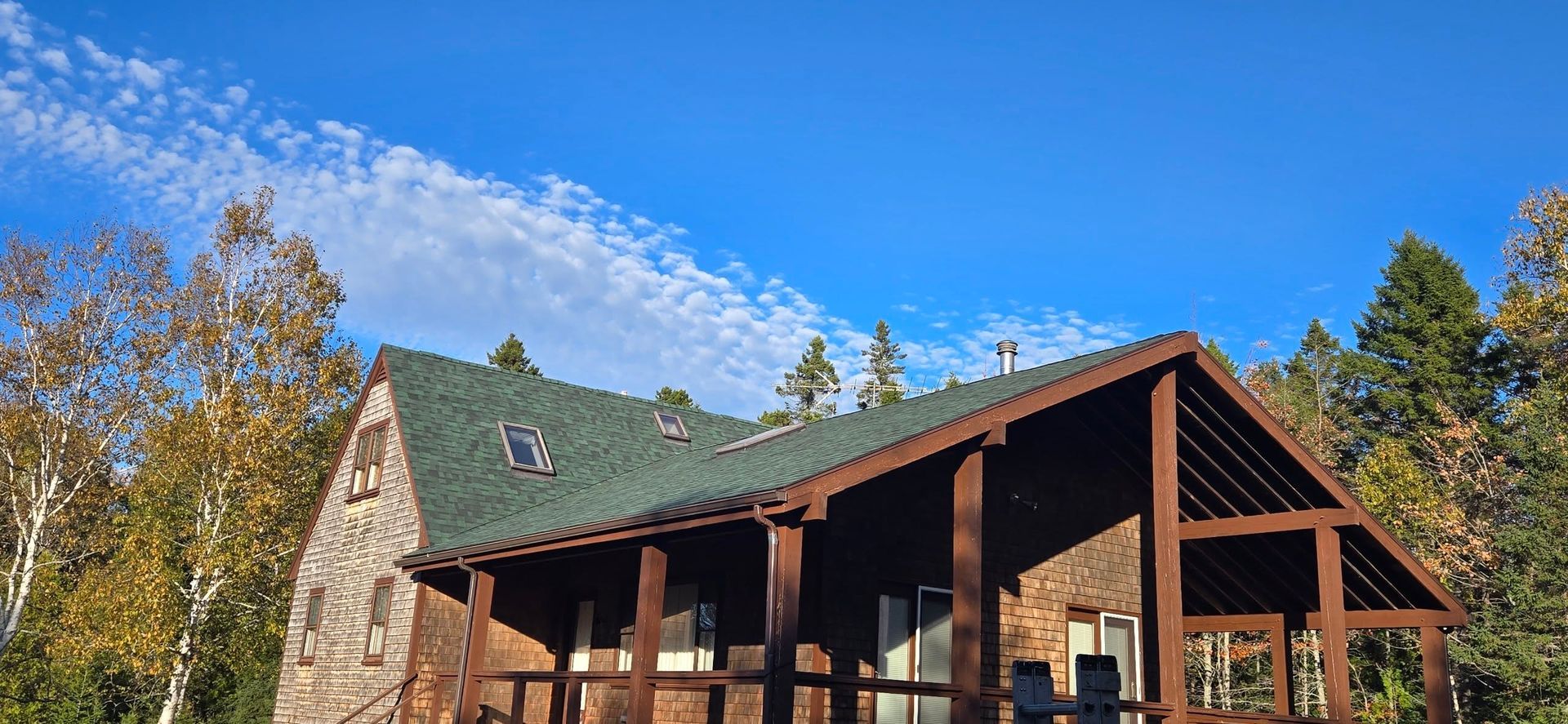A large house with a green roof is surrounded by trees on a sunny day.