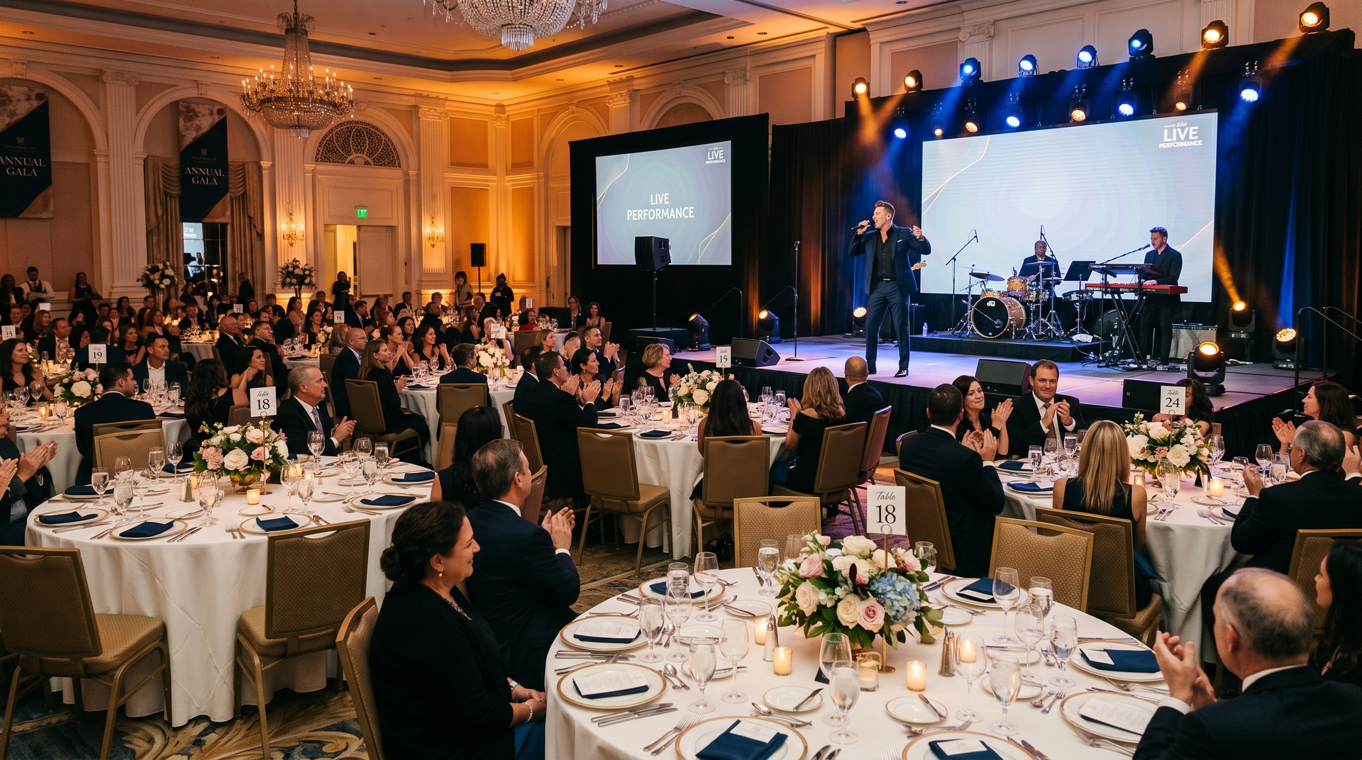 Banquet hall conference with seated audience facing a lit stage and large presentation screens
