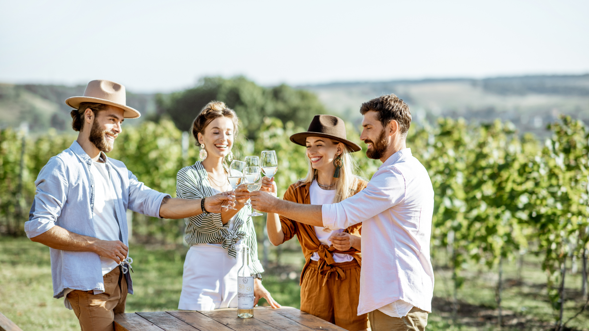 Four friends clinking wine glasses in a vineyard on a sunny day