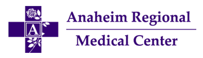 Purple logo for Anaheim Regional Medical Center, featuring a cross icon with a rose pattern and the letter A.