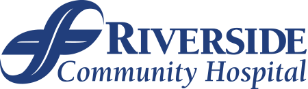 Logo for Riverside Community Hospital, featuring a dark blue stylized leaf icon next to the words in dark blue text.