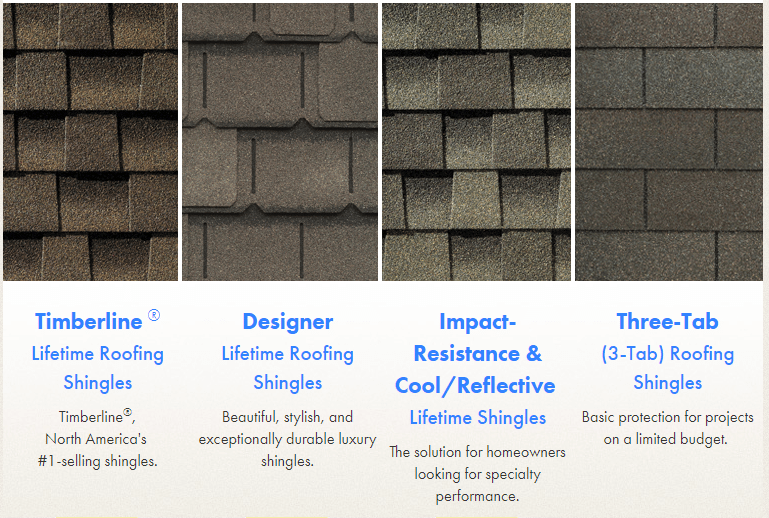 Four different types of shingles are shown on a white background