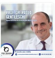Pubblicità per il Dott. Paolo Gentileschi, chirurgo bariatrico. Presenta un uomo sorridente in camice, recapiti e il logo