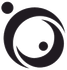 Logo astratto nero con tre cerchi, due piccoli e uno grande, a forma di mezzaluna.