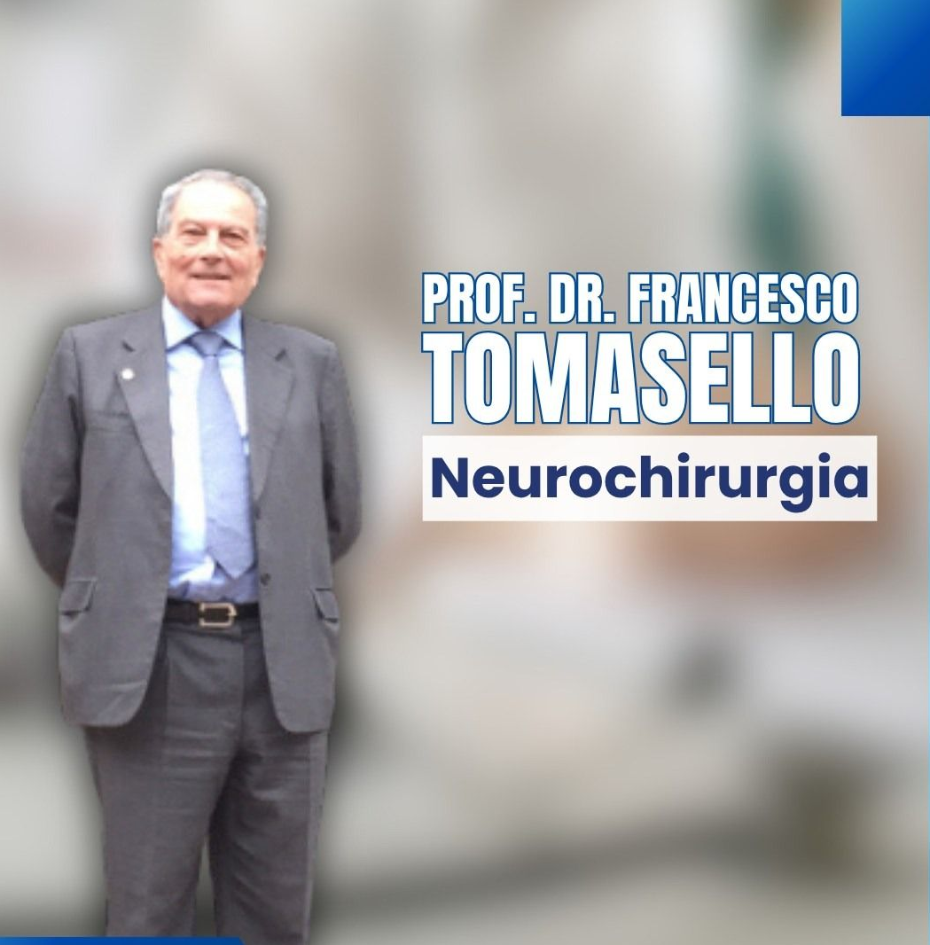 Uomo in giacca e cravatta, Dott. Francesco Tomasello, Neurochirurgia. Testo su sfondo sfocato.