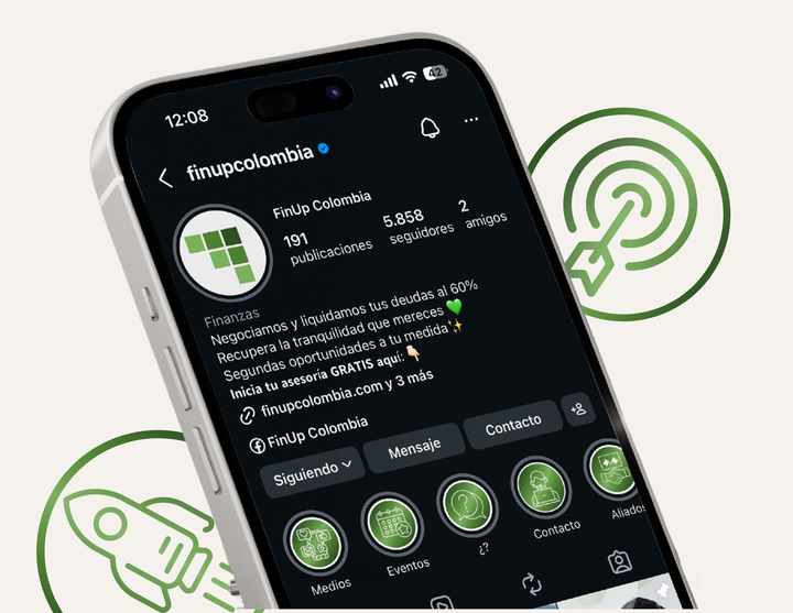 Smartphone girado que muestra una página de perfil de aplicación con tema oscuro, iconos y detalles en verde.