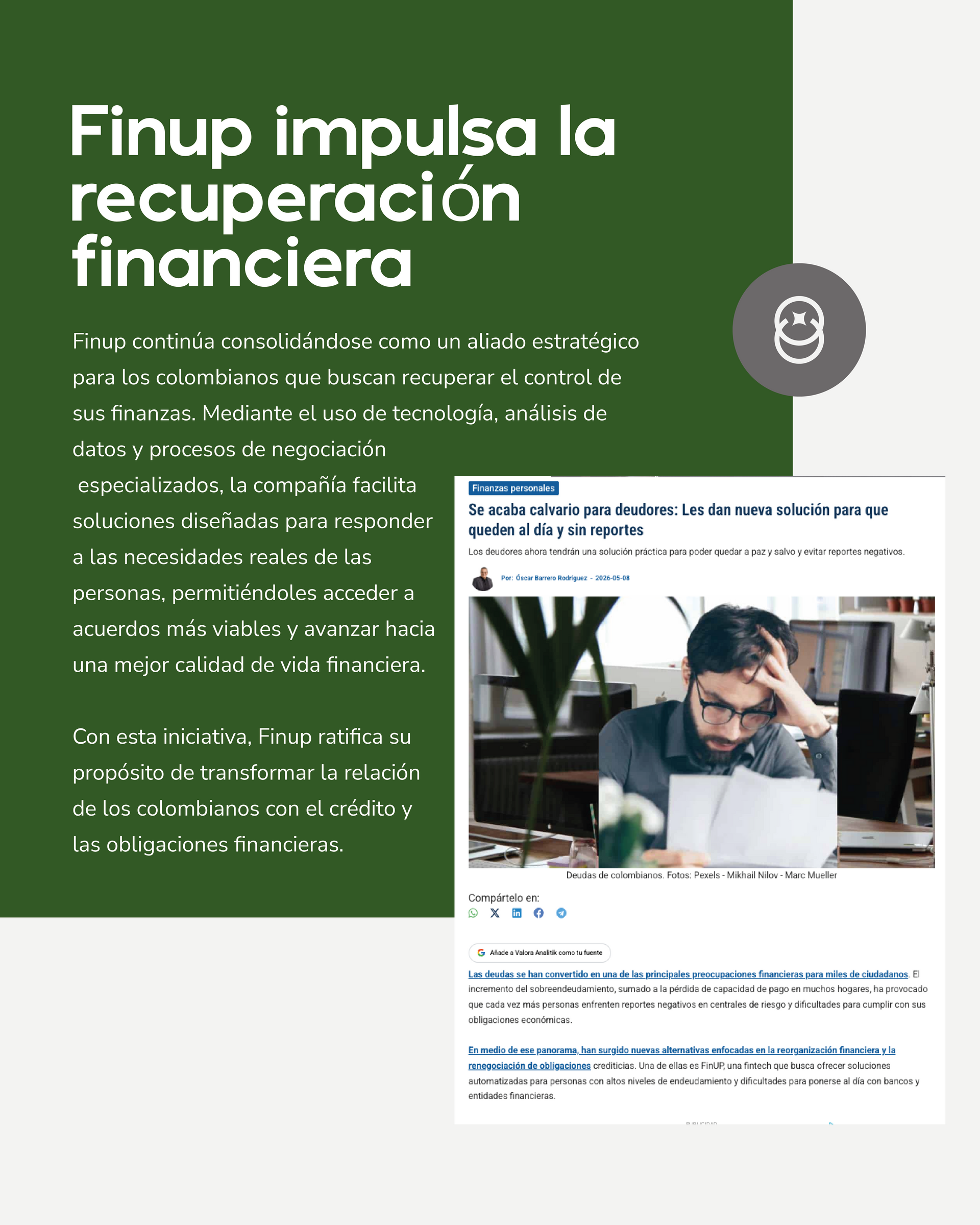 Finup impulsa la recuperación financiera con una página web y foto de un hombre estresado frente a una laptop