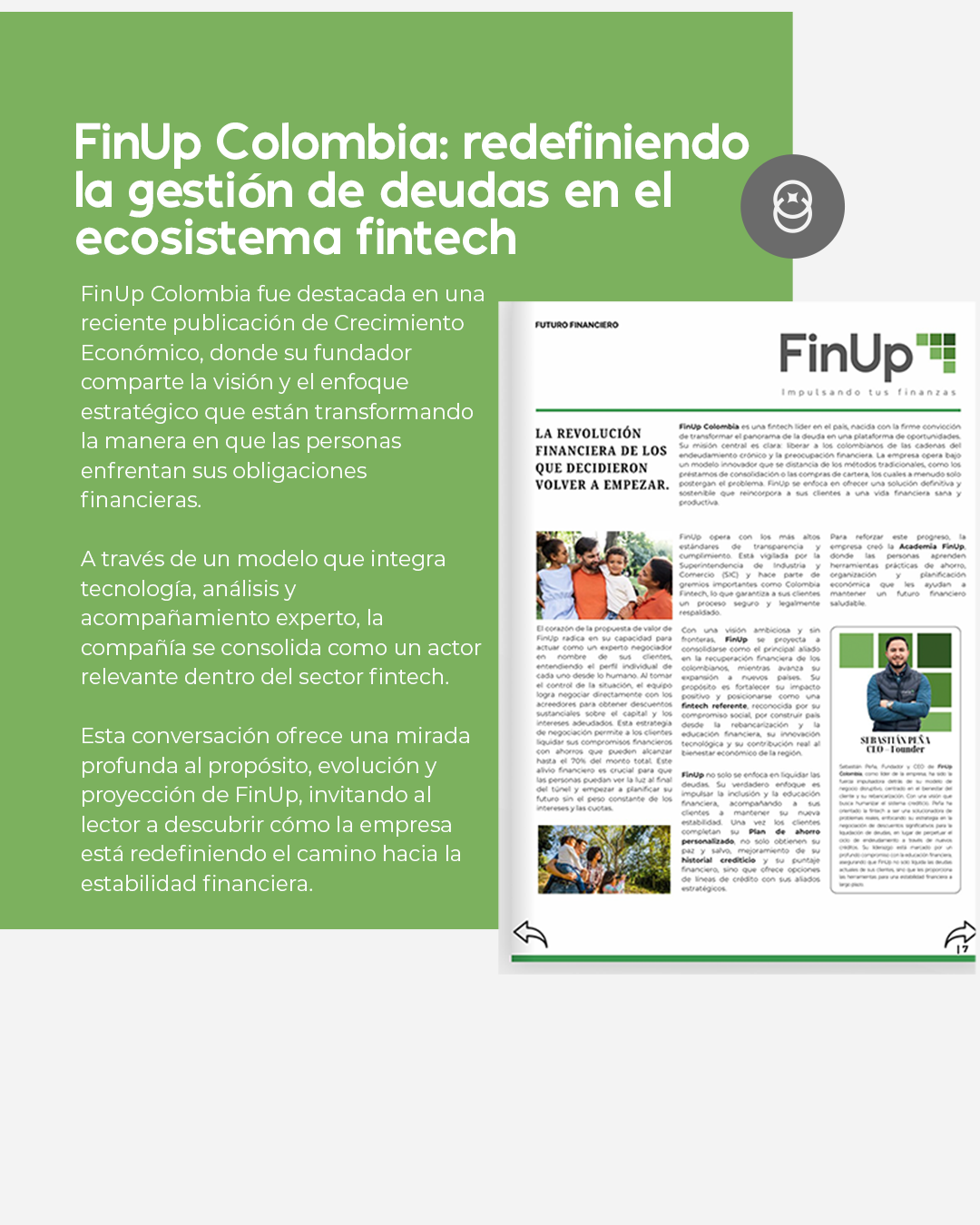 Cartel verde de la empresa fintech FinUp Colombia con titular blanco y un artículo estilo periódico a la derecha.