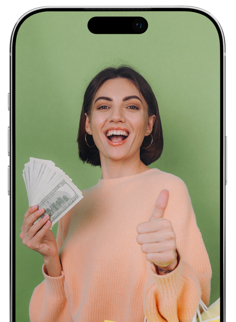 Persona sonriente en la pantalla de un teléfono sosteniendo dinero en efectivo y haciendo un gesto de aprobación con el pulgar sobre un fondo verde.