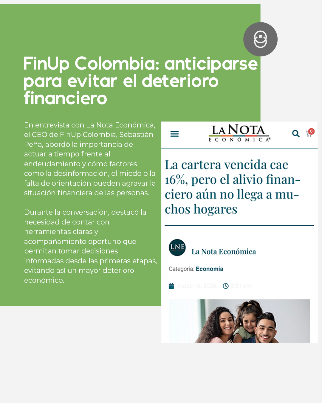 Captura de una nota de El Tiempo sobre FindUp Colombia y el deterioro financiero de hogares con fondo verde.