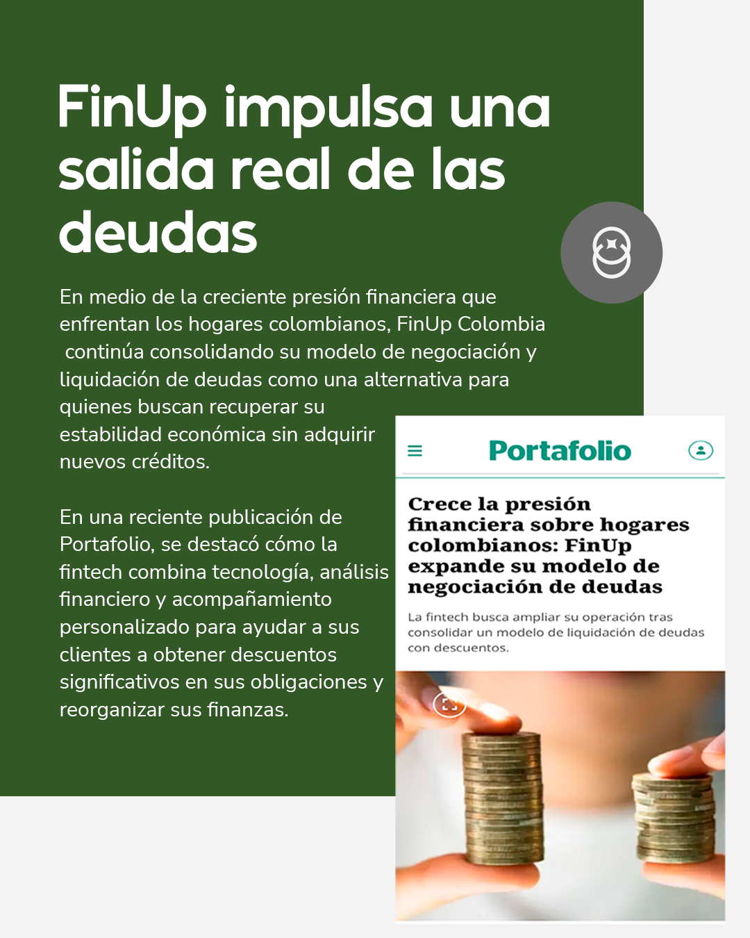 Anuncio de FinUp sobre salida real de deudas, con fondo verde y una tarjeta de portafolio financiera.
