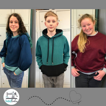 Drie mensen, gekleed in handgemaakte sweatshirts in verschillende kleuren en stijlen, lachend.