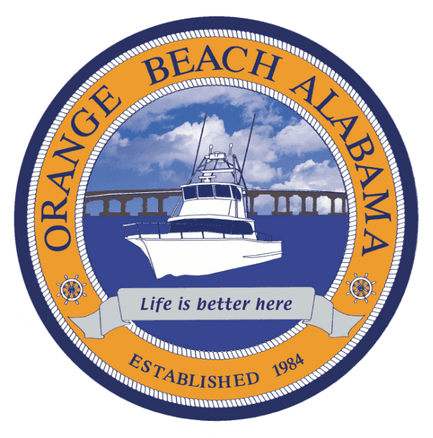 An orange beach alabama logo with a boat on it