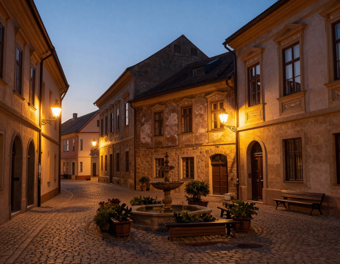 Historic old town street bathed in warm evening light