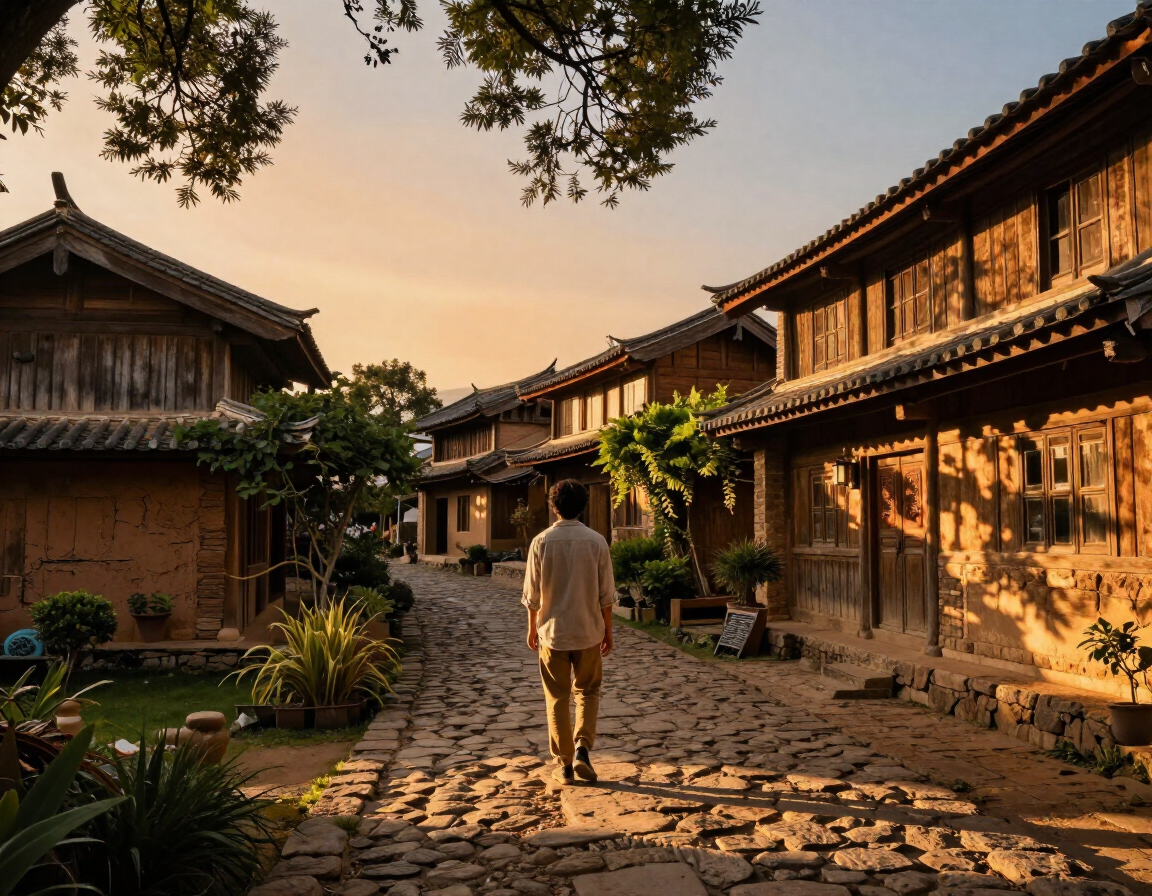 Traveler exploring an ancestral village at golden hour