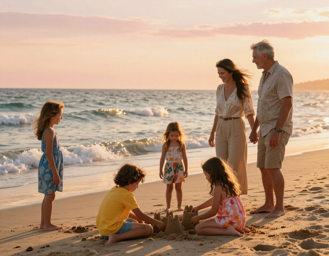 Multigenerational family enjoying a resort beach at golden hour