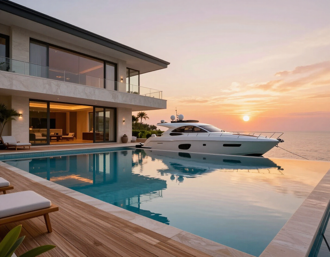Private villa infinity pool at sunset
