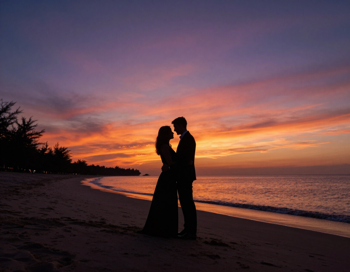 Romantic couple silhouetted at a beach ceremony against a sunset sky