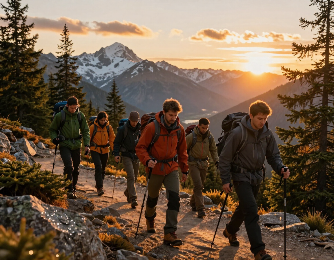 Adventure and expedition trekking group at golden hour