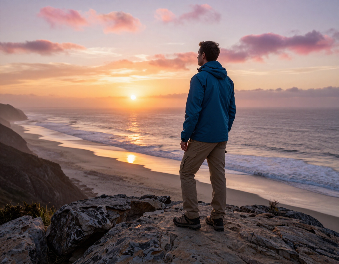 Solo traveler gazing at a scenic sunset overlook