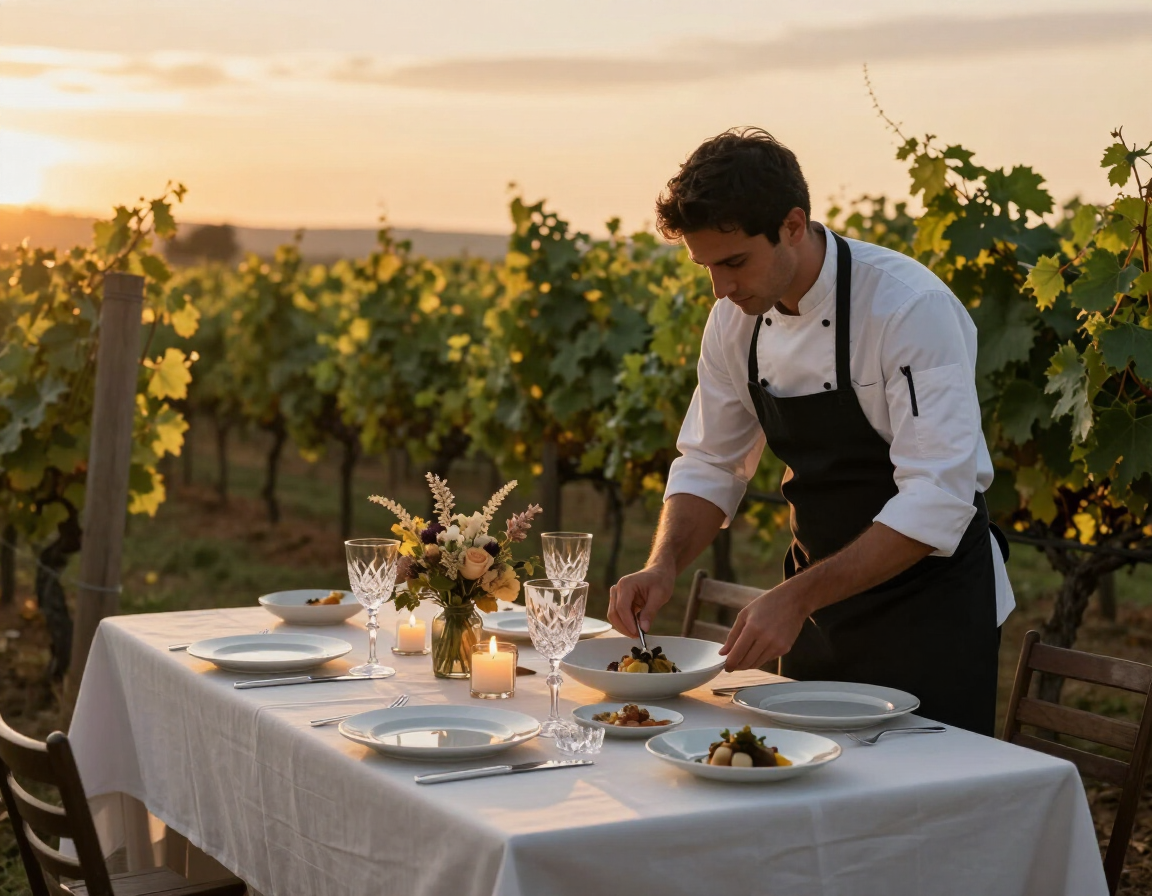 Elegant vineyard dinner table in warm evening light