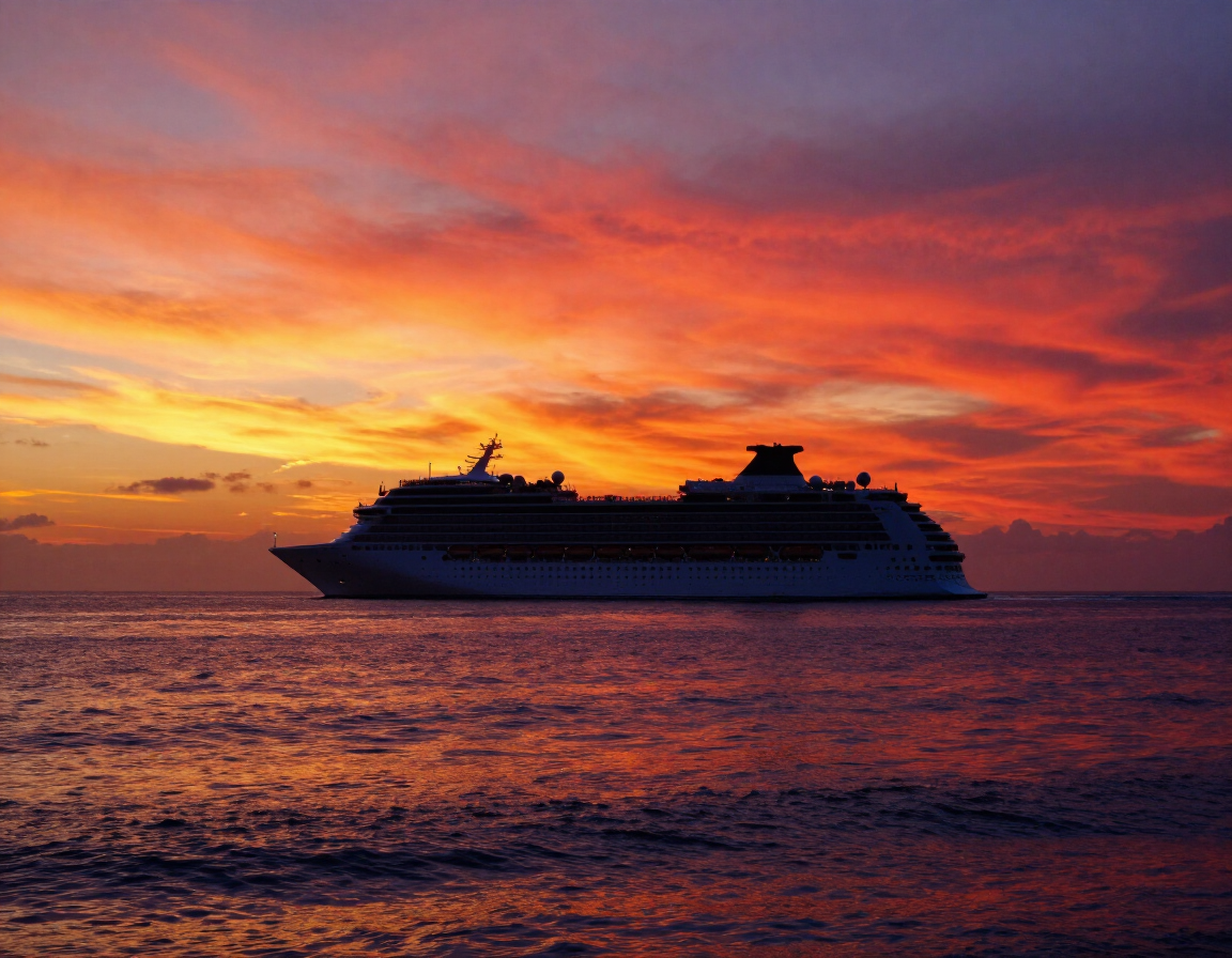 Luxury cruise ship silhouetted against a vivid ocean sunset